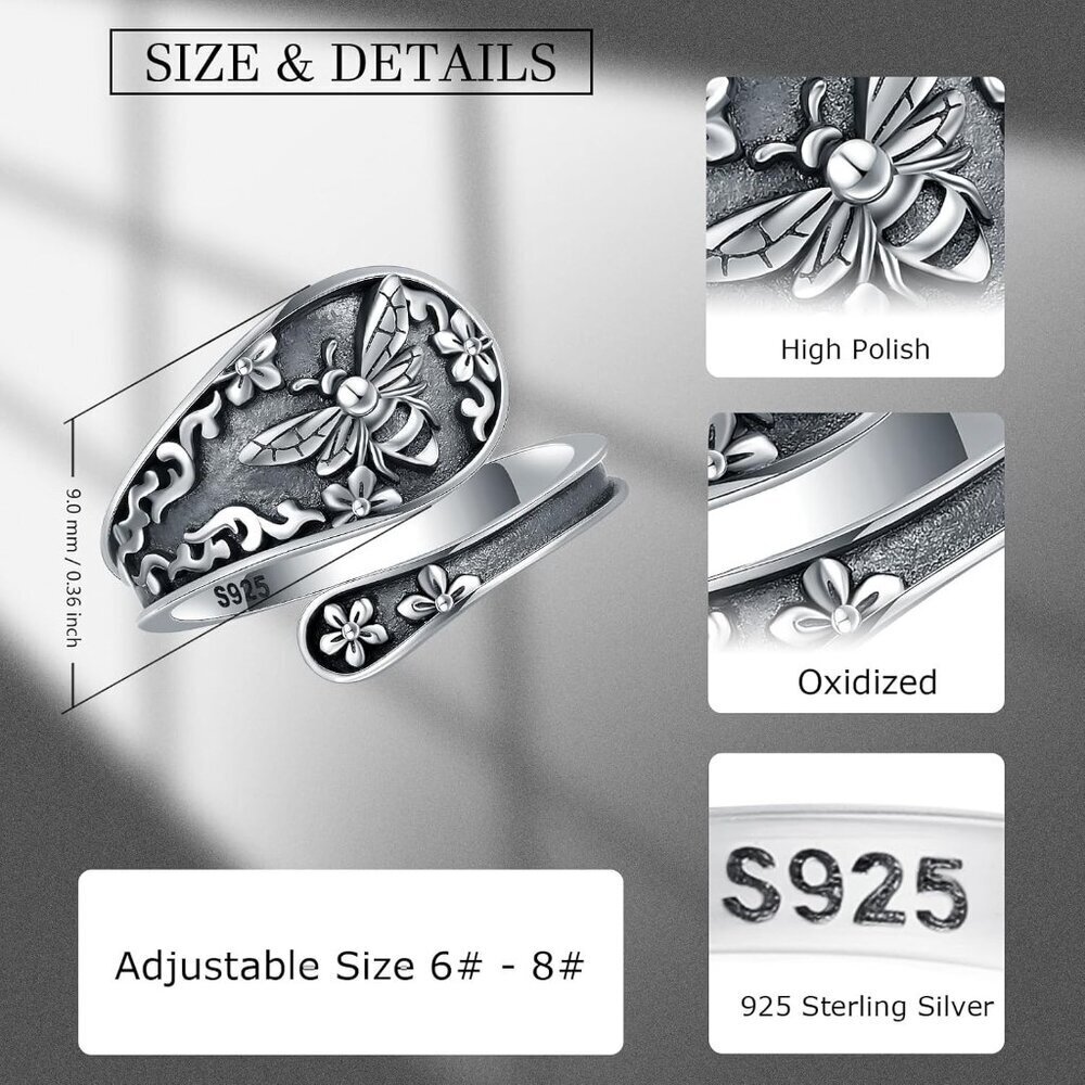 Sterling Silver Adjustable Vintage Spoon Ring Women Bee Sunflower Gift - Picture 5 of 5